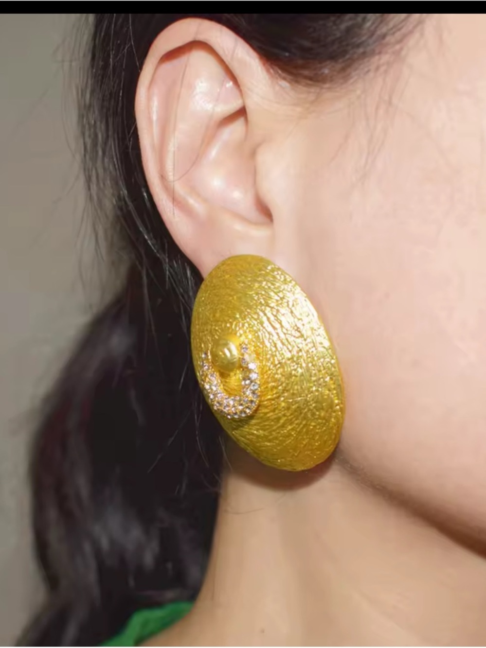 Gold Textured Disc Earrings with Crystal Accent
